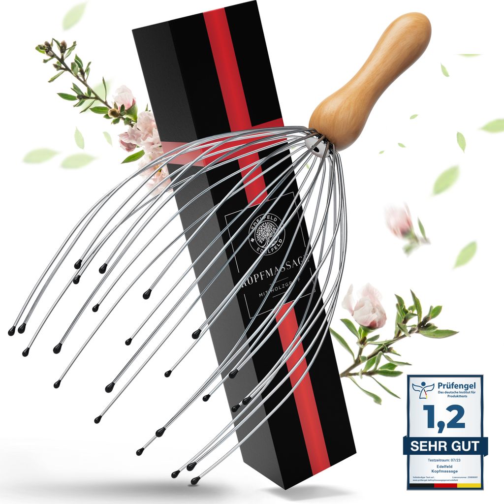 EDELFELD [Das Original] - Kopfmassage Spinne mit 28 Fingern [mit Geschenkverpackung & Schleife] - Nachhaltiges Kopfmassagegerät mit Wohlfühl-Noppen