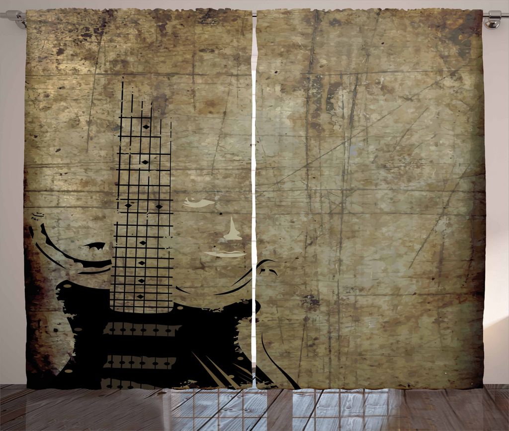 ABAKUHAUS Gitarre Rustikaler Vorhang, Faded Instrument-Entwurf, Wohnzimmer Universalband Gardinen mit Schlaufen und Haken, 280 x 175 cm, Pale Braun...