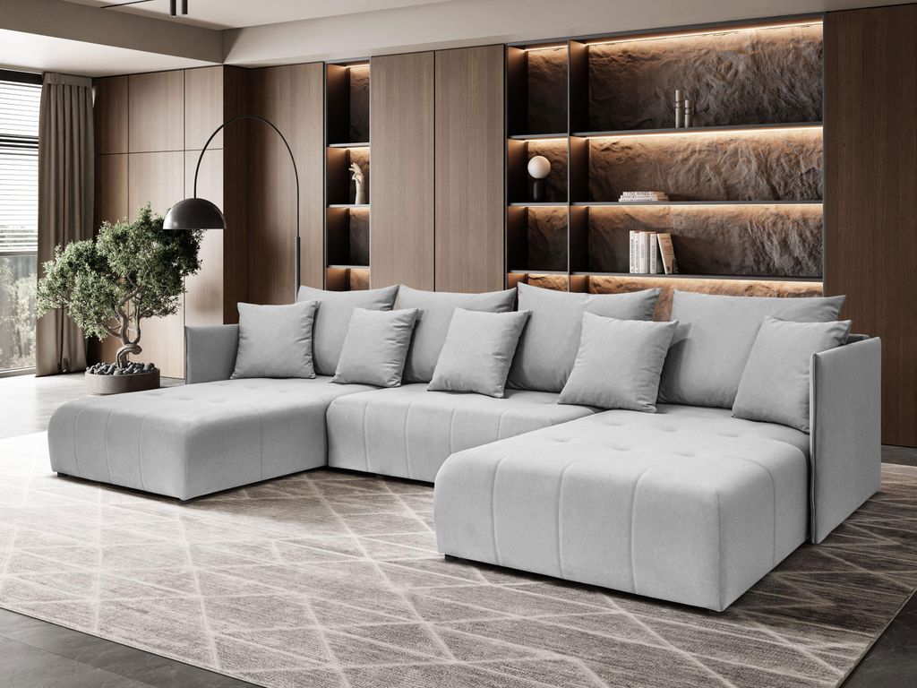 Margaret Hadas24 Ecksofa U Form Hanna 348x188cm mit Schlaffunktion Bettkasten, Couch, 5 Sitzer Bettzeugablage Big Sofa Eckcouch, Schlafsofa, hellgrau