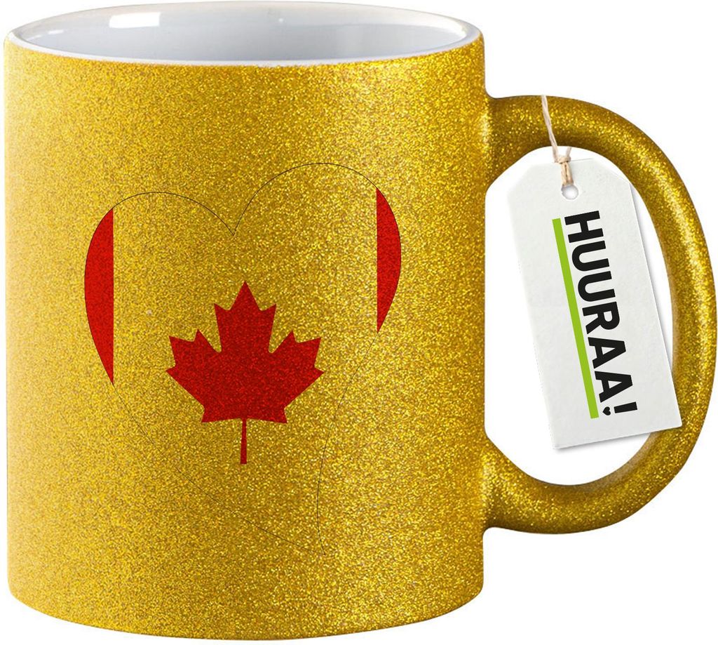Huuraa Glitzertasse Kanada Flagge Herz 330ml Gold Keramik Kaffeebecher Geschenkidee