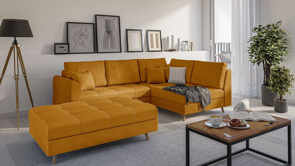 S-STYLE MÖBEL - Fußhocker mit Holzfüßen im skandinavischen Stil Marco aus Gelb Luxusmicrofaser -B/T/H: 118 cm/73 cm/40 cm