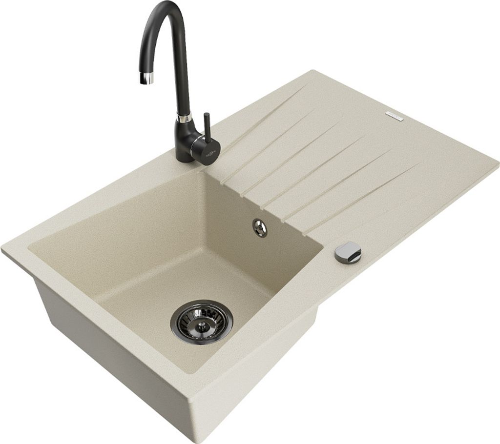 Mexen Cesar 1 Becken-Granitspüle mit Abtropffläche und Mischbatterie Telma, Beige - 6514-69-670200-70