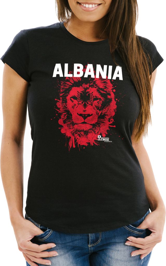 Damen T-Shirt Fanshirt Albanien Albania Fußball EM WM Löwe Shqipërisë MoonWorks schwarz XL