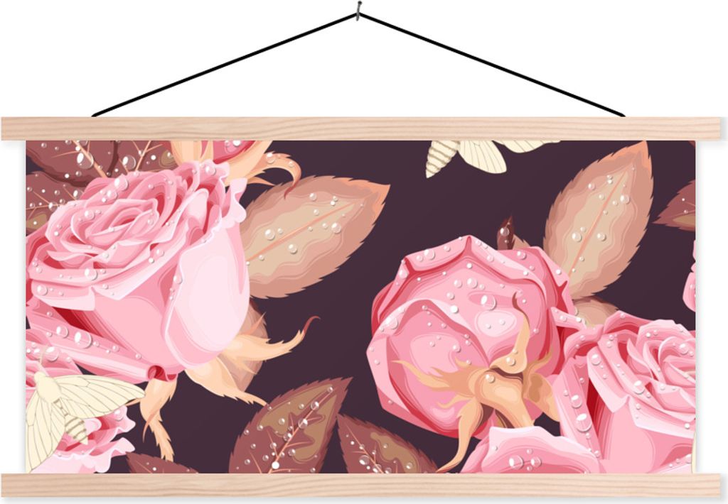 MuchoWow Textilposter Rosen - Wassertropfen - Insekten 60x30 cm mit holzfarbenen Rahmen - Dekoration