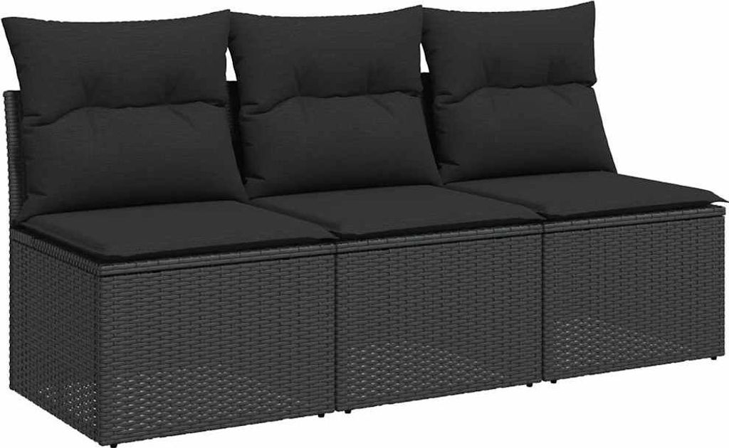 A three-seater black poly rattan sofa with black cushions, shown from the front on a white background.