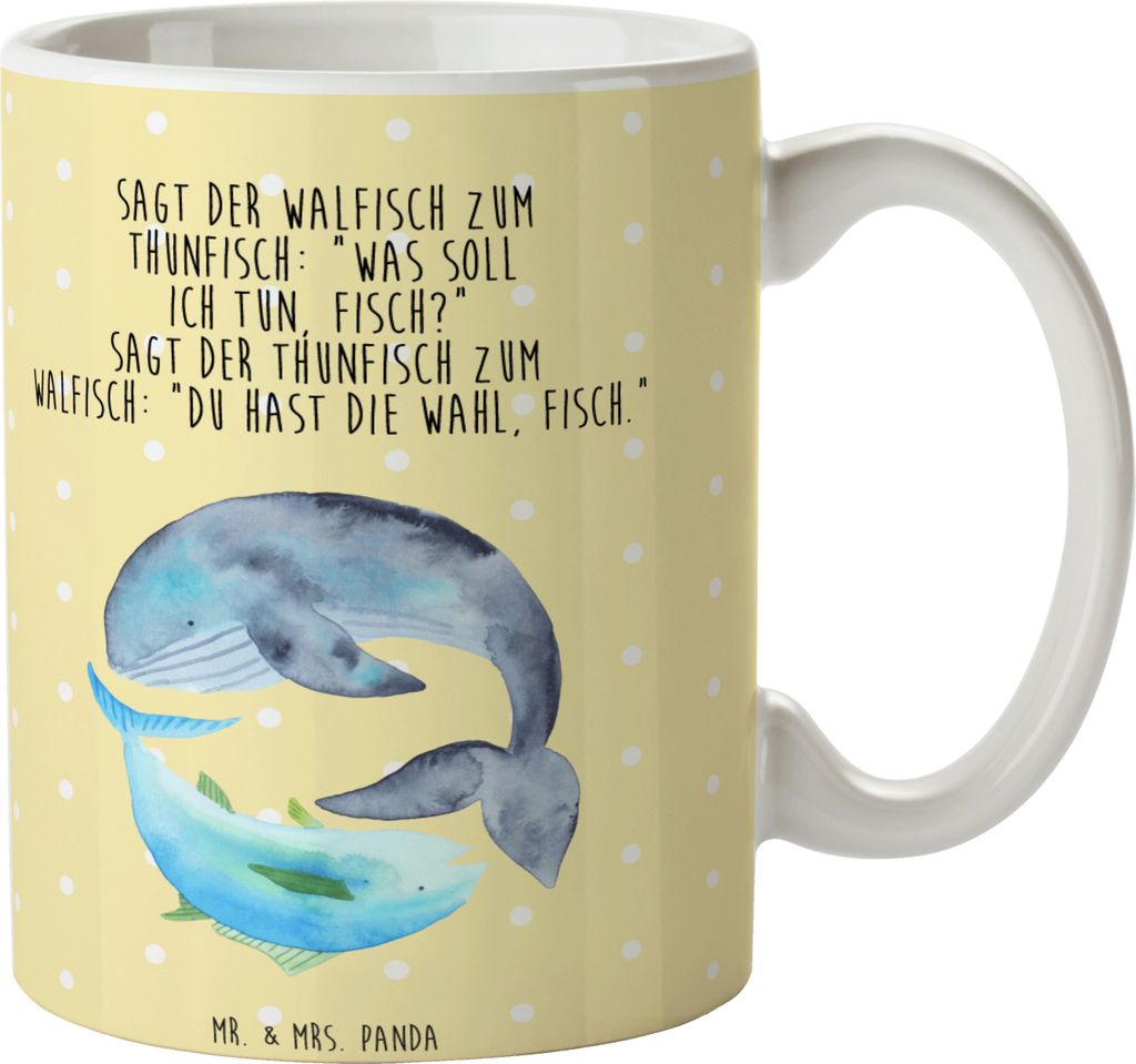 Mr. & Mrs. Panda Trinkbecher Walfisch Thunfisch - Gelb Pastell - Geschenk, Pott, Keramiktasse, Wal, kaffeebecher keramik, Tasse, Kaffeetasse, Flach...