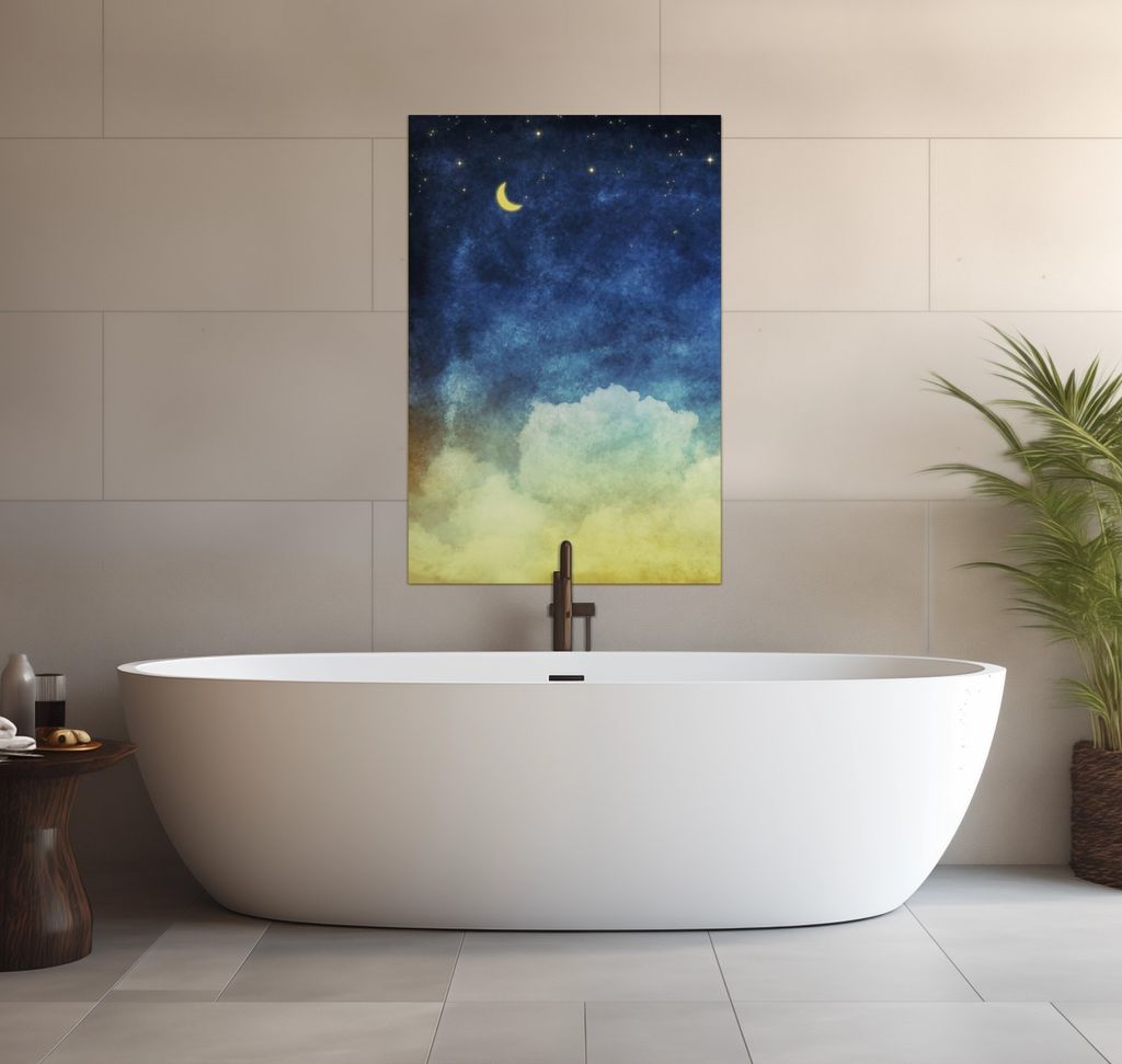 Wallario wasserfestes Poster selbstklebend 91,50 x 61 cm, Wolkenhimmel mit Mond und Sternen, Badezimmerposter Spritzschutz mit Hochglanzoberfläche...