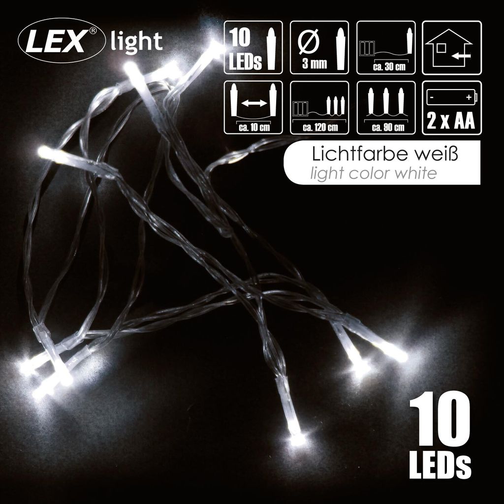 Lex Light LED Lichterkette Batterie 0,9m 10 LEDs kaltweiß Produktbild 