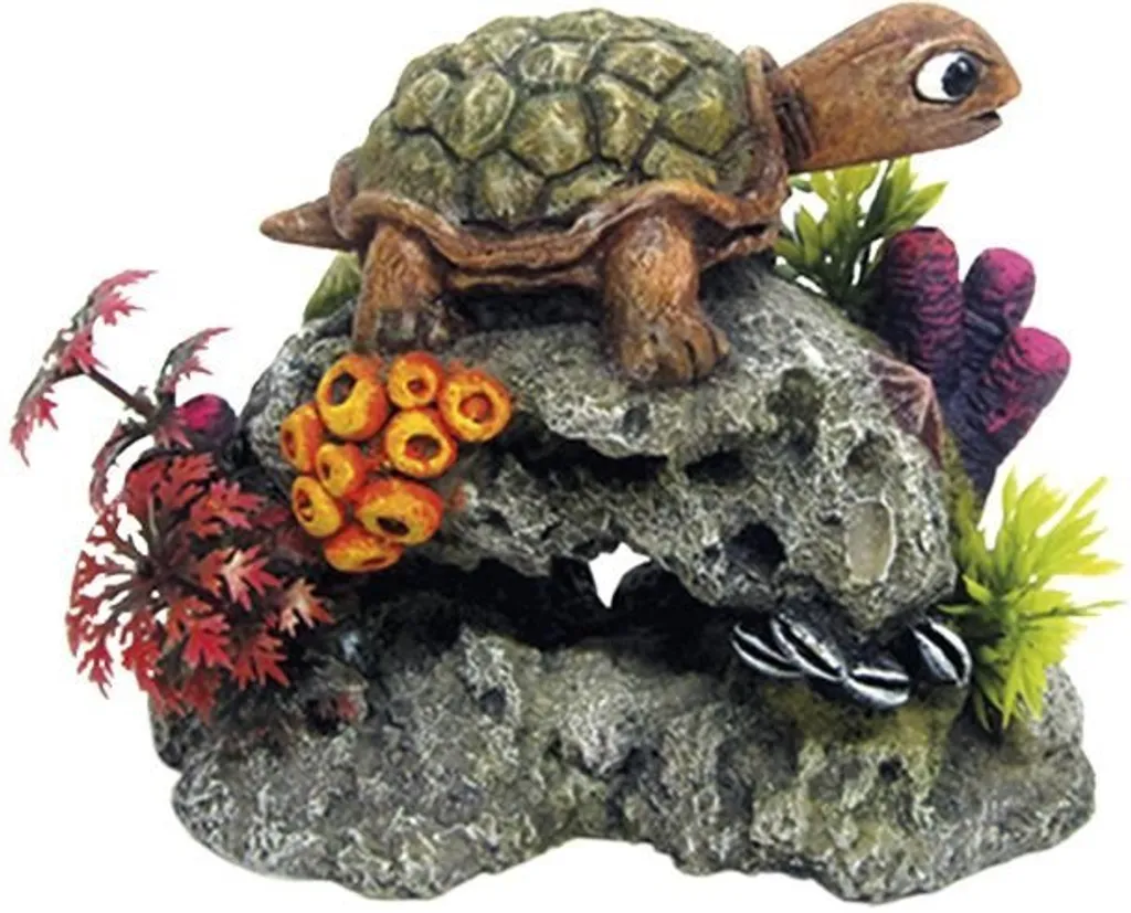Ornamento Acquario Tartaruga Nobby - Roccia e Piante Realistiche