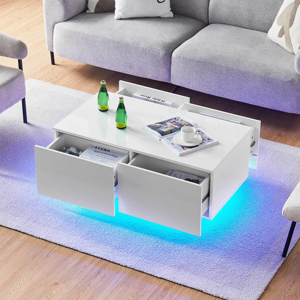 Table Basse Blanche Brillante 100cm dotée de 4 Tiroirs Coulissants - 7