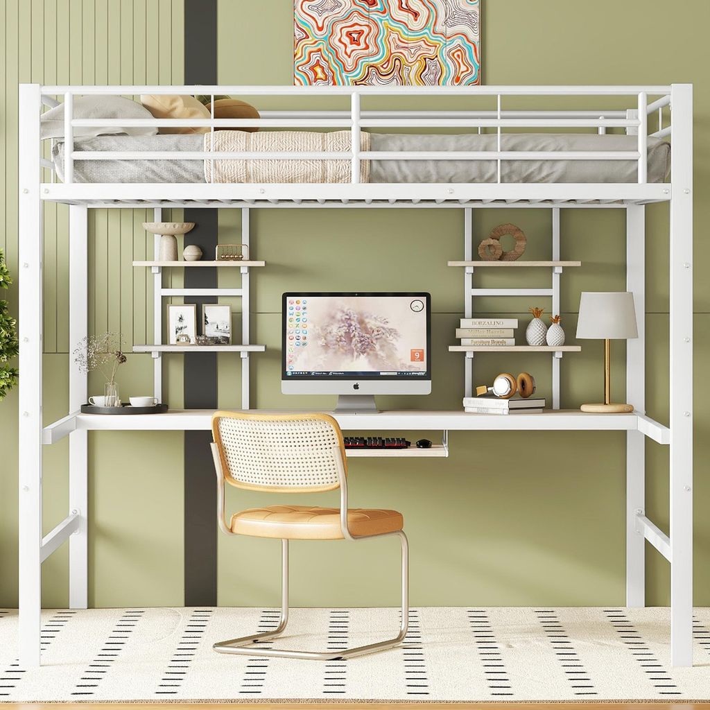 MODFU Hochbett 140x200cm mit Rausfallschutz, Schreibtisch und zwei Bücherregalen, Metallbett Eisenbett Bettgestell für Kinder, Jugendliche und Er...