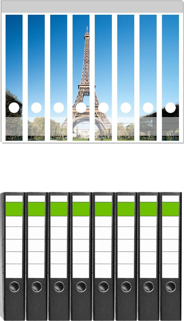 Wallario 8 Stück schmale Ordner inkl. Klebeetiketten mit Motive Pariser Eiffelturm - Set mit Rückenschildern / Ordnerrücken Stickern