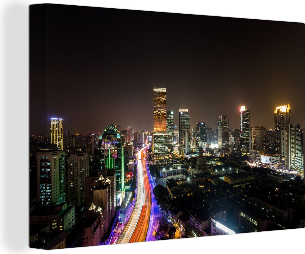 OneMillionCanvasses - Leinwandbilder - 140x90 cm, Jin Mao Tower im Dunkeln, Wandbilder Kunstdruck Wanddekoration