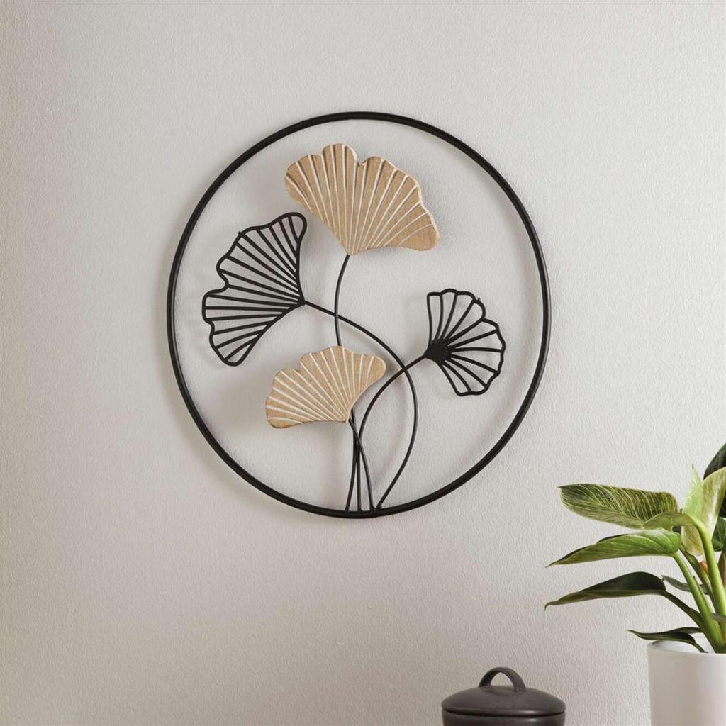 Décoration murale "Ginkgo" en métal & bois, Ø 40 cm, Image du produit 