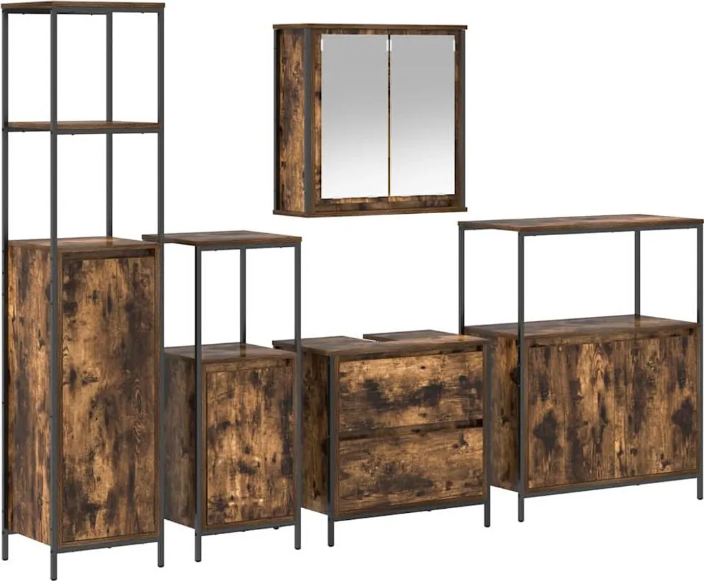 Mobilier de salle de bain complet 5 éléments fini bois brun naturel loft