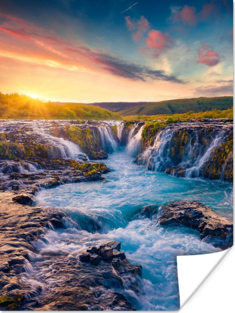 MuchoWow Poster Wasserfall - Pflanzen - Moos - Landschaft - Sonnenuntergang - Fels 90x120 cm - Wohnzimmer