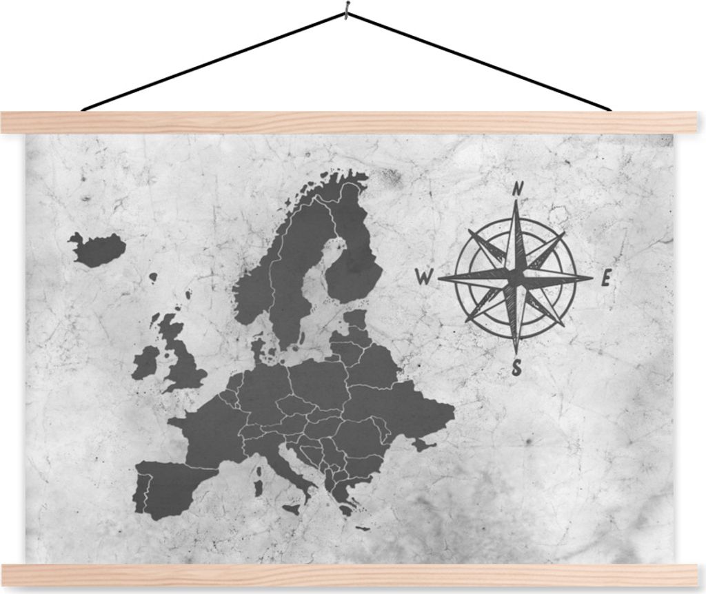 MuchoWow Textilposter Vintage-Europakarte mit großer Kompassrose - schwarz und weiß 120x80 cm mit holzfarbenen Rahmen - Aufhängeset