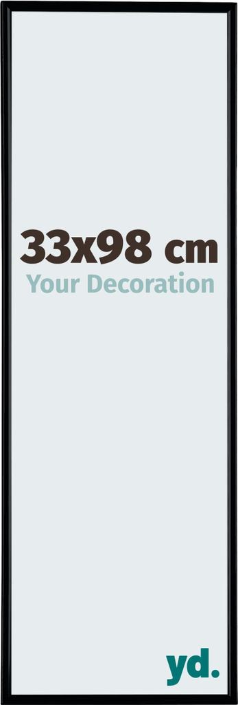A framed picture with text indicating size and a brand logo.