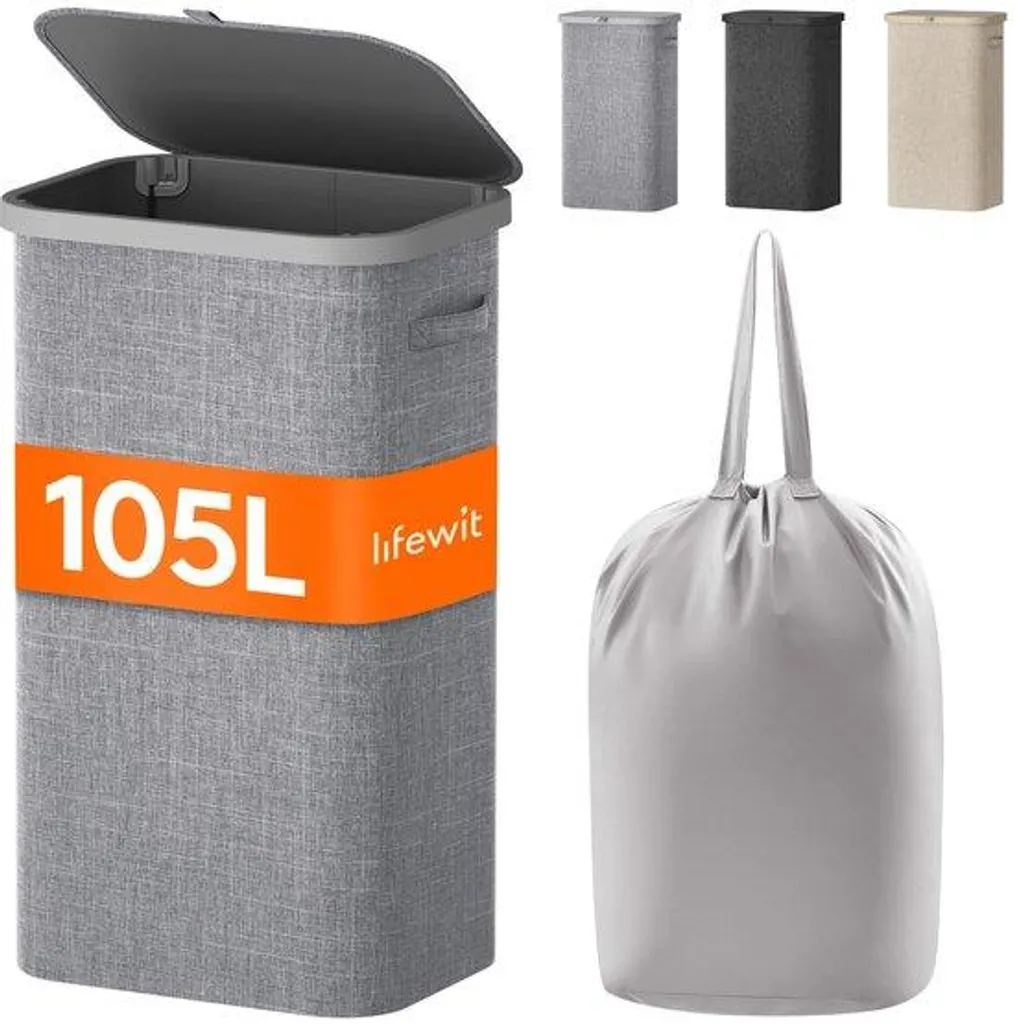 Panier à linge Lifewit 105L avec couvercle et structure rigide gris clair