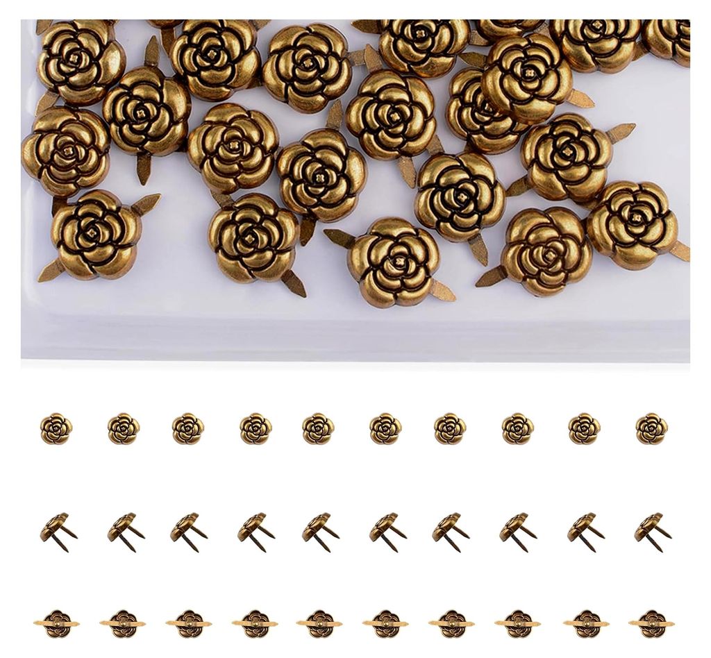 30 Stück Metall-Splinte Papierklammern Mini Brads Vintage Rosen Scrapbooking Brads mit Aufbewahrungsbox für Papierbasteln DIY Stempeln (Antikgold)