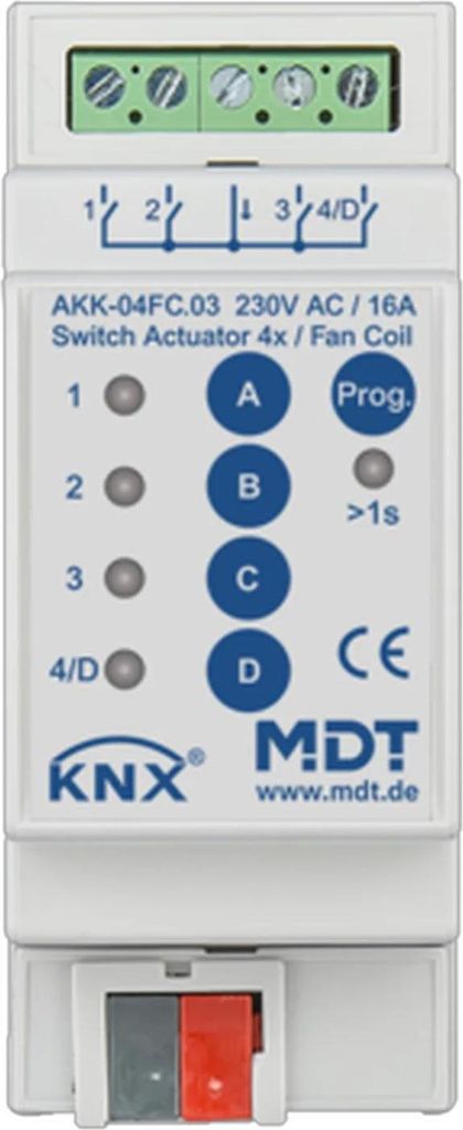 MDT AKK-04FC.03 Schaltaktor 4fach 2TE REG 16A 230VAC Komp. 70μF 10EVG Fancoil (AKK-04FC.03)