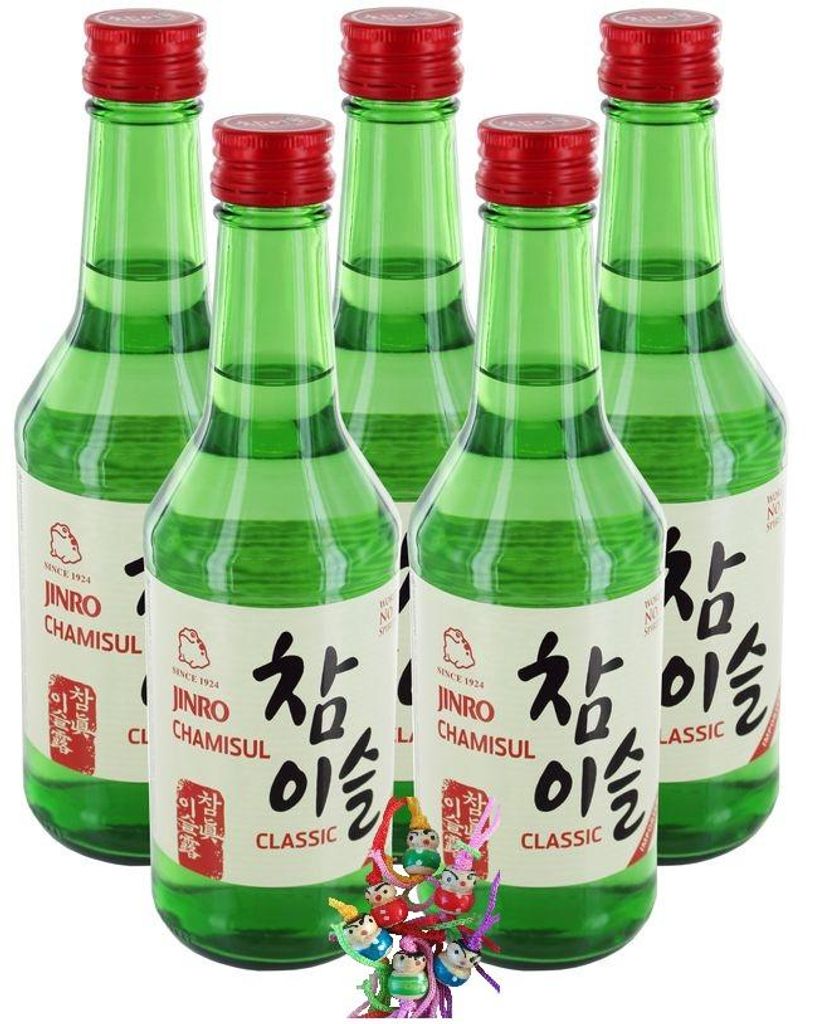 yoaxia 5er Pack HITEJINRO Soju Jinro Chamisul Classic (5x 350ml) Spirituose Alk. 20,1% vol. + ein kleiner Glücksanhänger