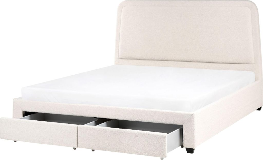 BELIANI Polsterbett Cremeweiß Bouclé Stoff 180 x 200 cm mit Stauraum Schubladen Lattenrost Hohes Kopfteil Teddystoff Modernes Design Schlafzimmer