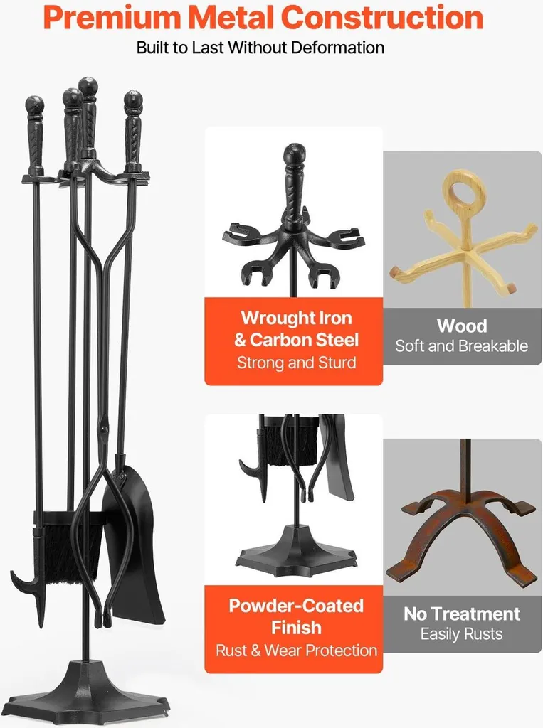 Serviteur de cheminée 5 accessoires en fer forgé noir avec son support