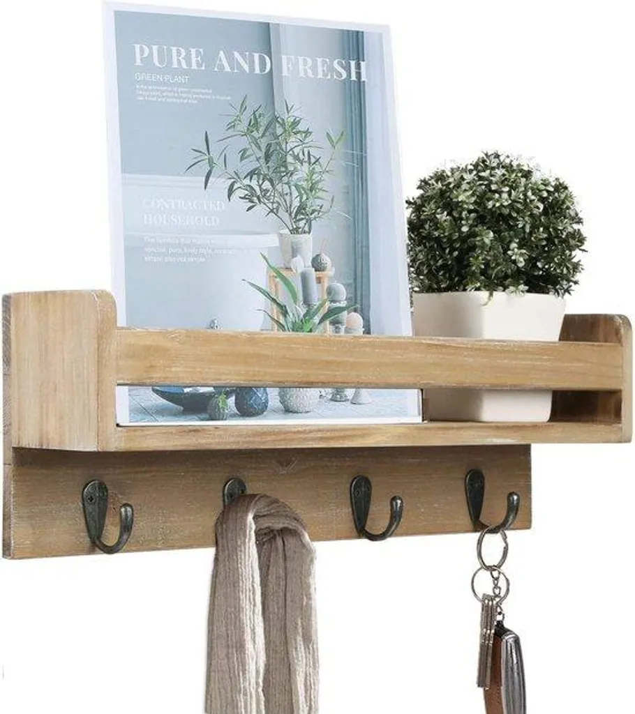 Étagère en bois noir 50cm avec crochets en métal et barre de bain