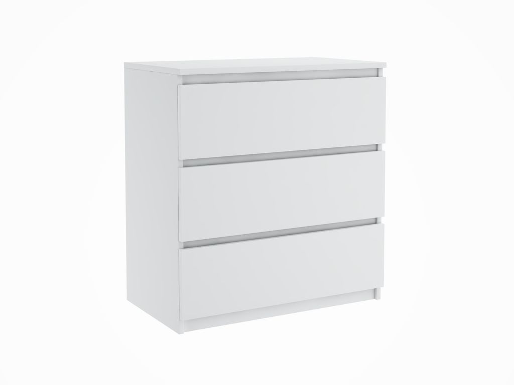 A white chest of drawers with three drawers, shown from a three-quarter angle against a white background.