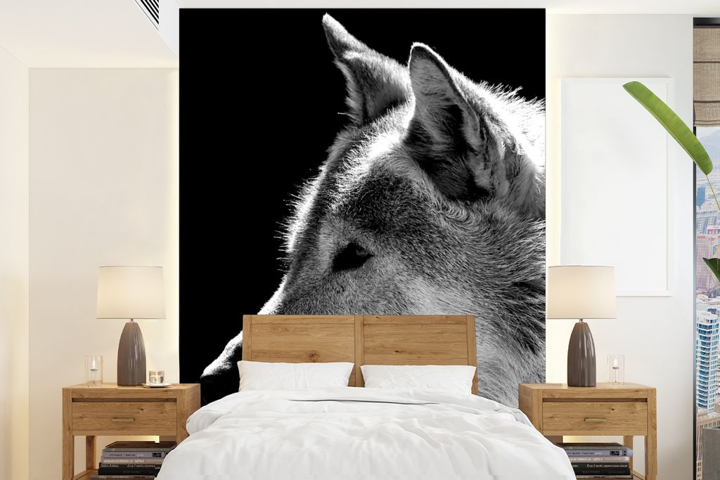 MuchoWow Fototapete für Wohnzimmer oder Schlafzimmer Wandtapete Vinyl Motivtapete Wildlife - Wolf - Schwarz - Weiß - 205x280 cm - Wandbild