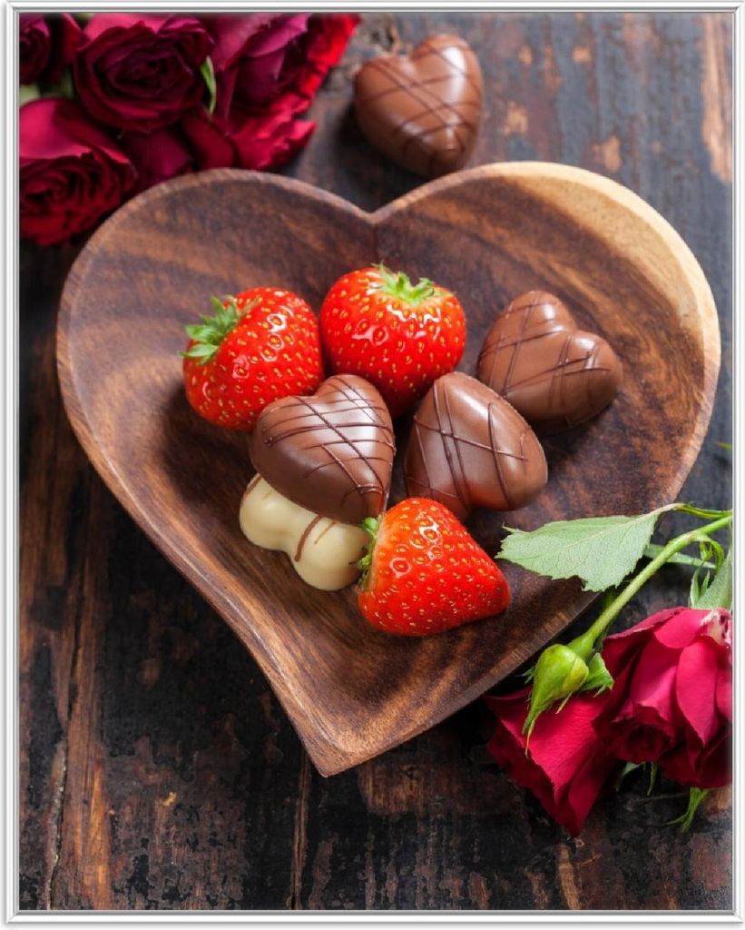 Wallario Wandbild Romantische Leckereien im Herzen, Größe: 40,30 x 50,30 cm, Poster mit weißem Aluminiumrahmen