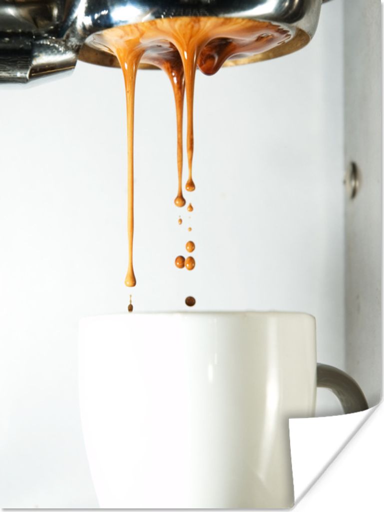 MuchoWow Poster Der Kaffee fließt aus der Kaffeemaschine in die Tasse mit Kaffee 60x80 cm - Schlafzimmer Dekoration