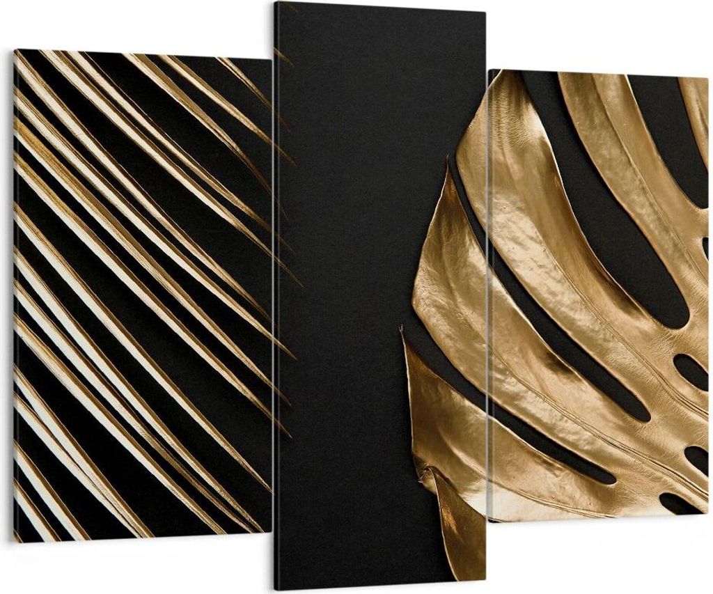 Bild auf Leinwand - Leinwandbild - 3 Teile - Golden Blatt Monstera - 130x100cm - Wand Bild - Wanddeko - Wandbilder - Leinwanddruck - Bilder - Wandd...