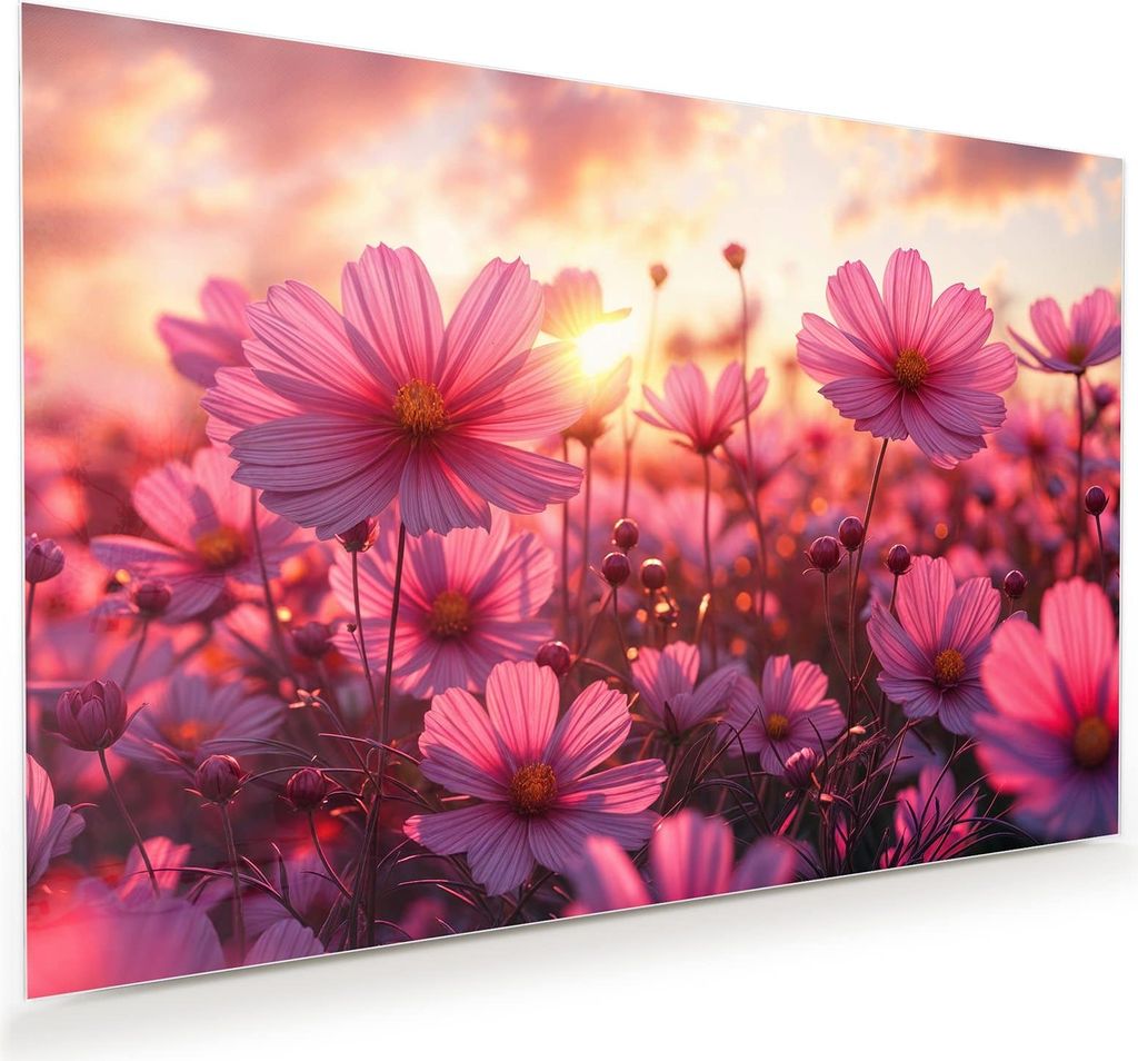 Glasbild 45x30cm in XXL für Wohnzimmer, Schlafzimmer Motiv Blumenfeld Sonnenuntergang