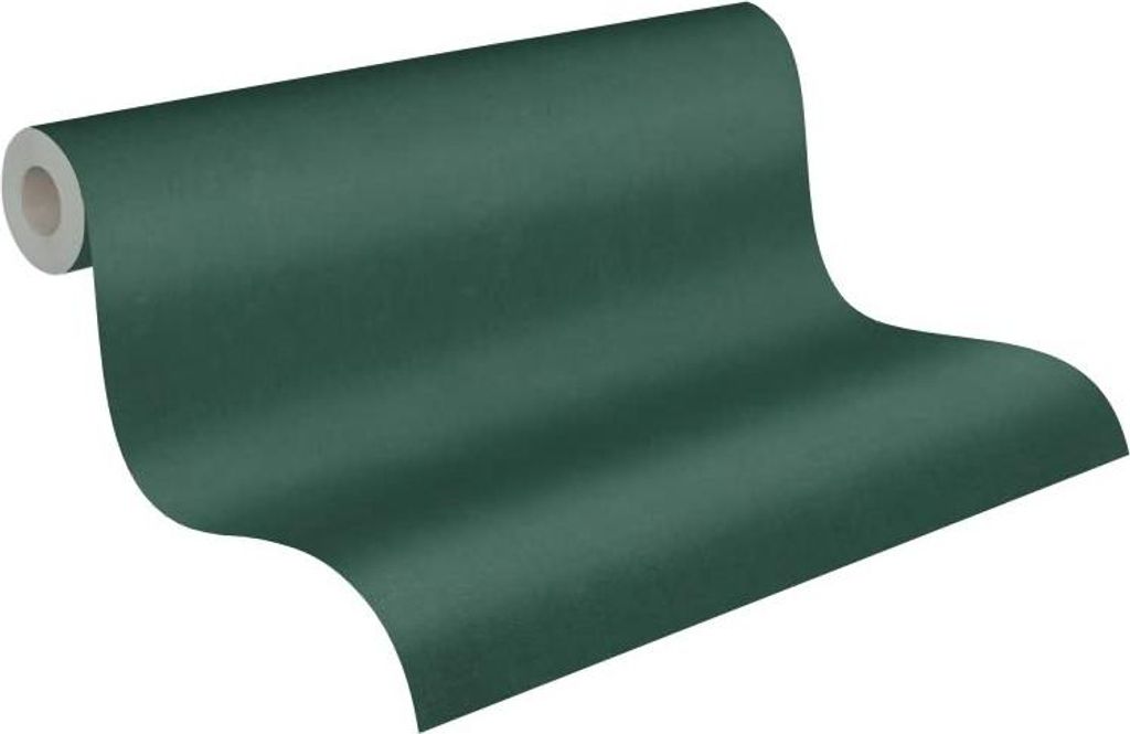 A roll of dark green wallpaper is shown on a white background, with the paper unrolling diagonally.