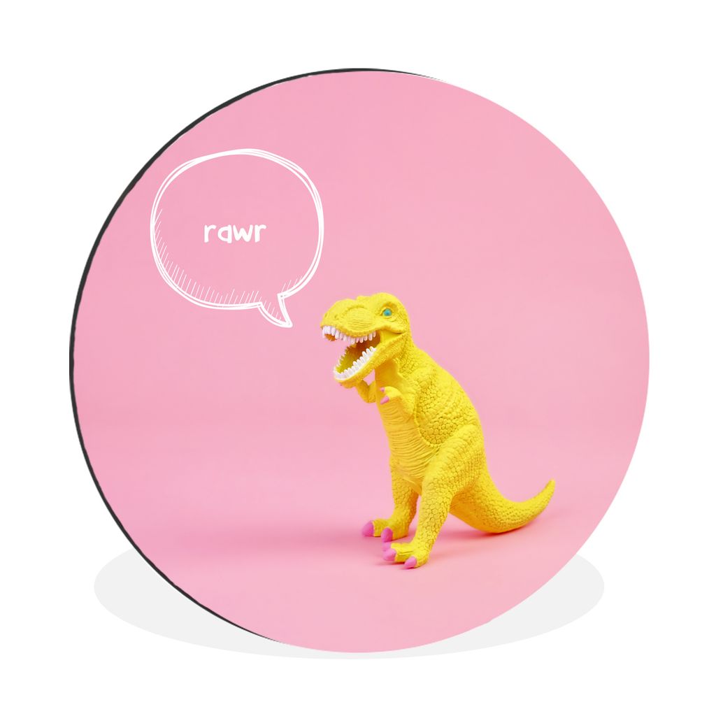 MuchoWow Aluminium Wandkreis Gelber Dinosaurier mit einer Sprechblase auf rosa Hintergrund Ø 90 cm Wanddeko Modern Wohnzimmer - Mauerkreis - Wan...