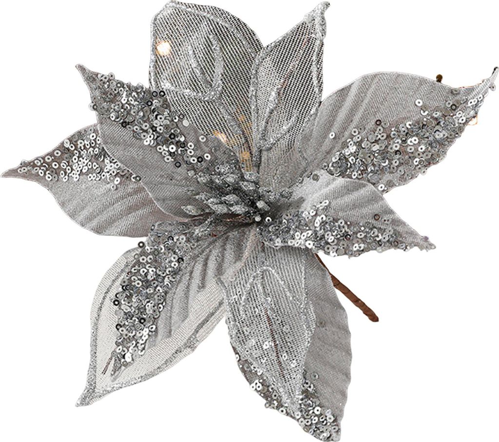 11 Zoll große künstliche Weihnachtsblumen mit Glitzerpailletten, Poinsettien-Blumen aus Stoff, künstliche Blumenstecker für Weihnachtsbaumschmu...