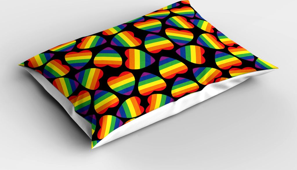 ABAKUHAUS Stolz Kopfkissenbezug, Regenbogen farbiges gestreiftes Herz formt auf schwarzen Hintergrund homosexuellen lesbischen Liebes-Parade-Druck,...