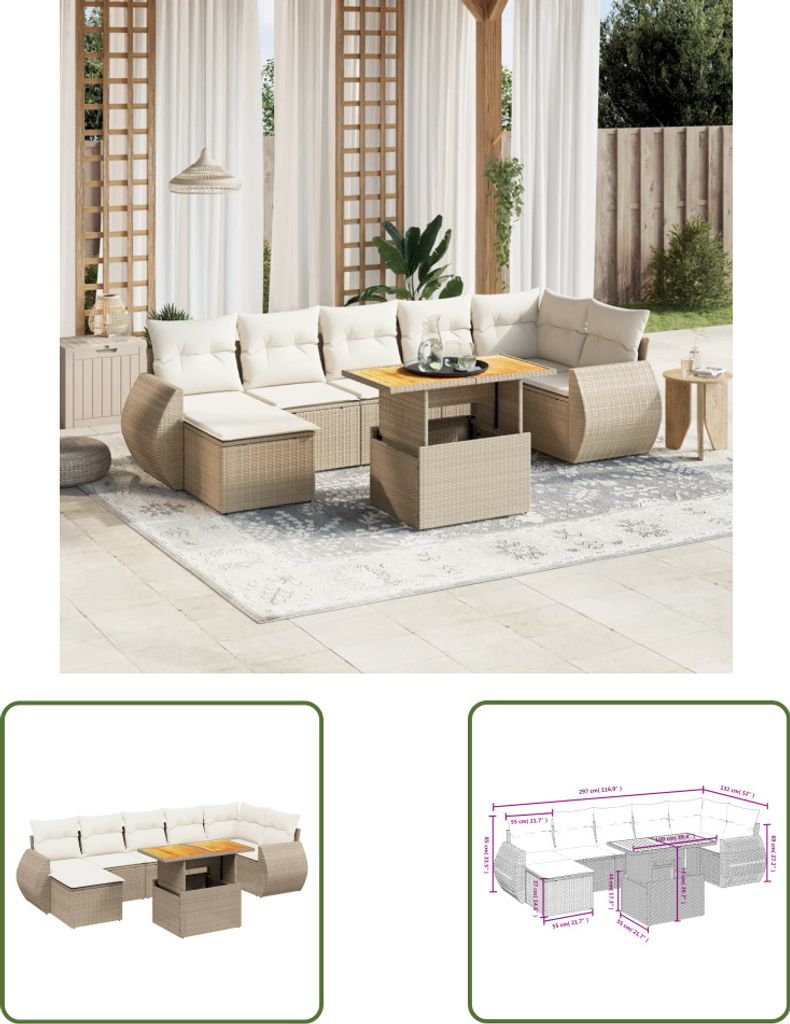 The Living Store 8-tlg. Garten-Sofagarnitur mit Kissen Beige Poly Rattan