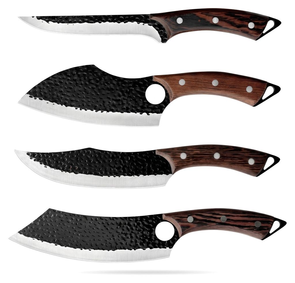 YRHome 4 teilig Edelstahl Kochmesserset, Robustes Küchenmesser Set mit ergonomischem Holzgriff, Fleischmesser und Hackmesser