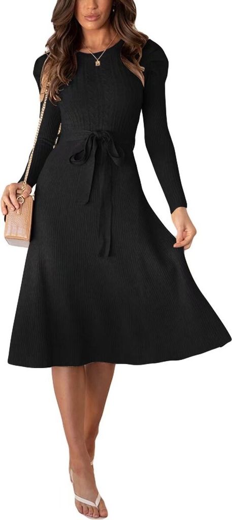 ASKSA Women's Knitted Dress Pullover Puff Sleeves Round Neck Slim Swing Midi Dress with Belt, Schwarz, M