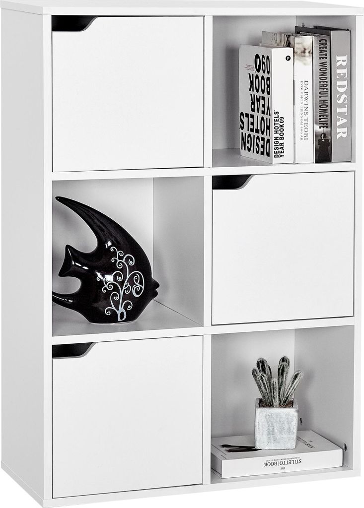 Mondeer Bücherschrank Vielschichtiges Aufbewahrungsregal Sechs Fächer mit 3 Türen Standregal Weiß