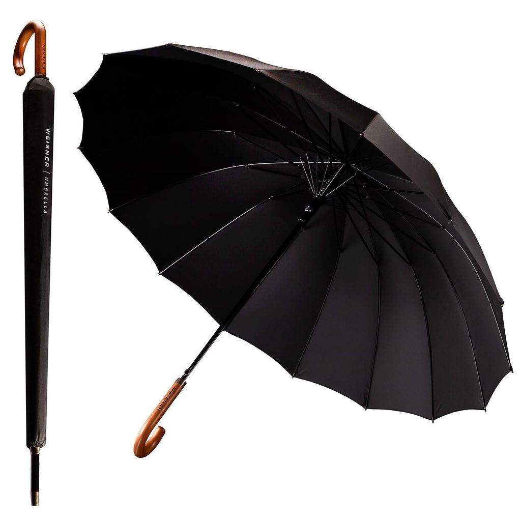 Regenschirm Automatik, WEISNER CAPITOL Stockschirm, 16 FlexiGlass-Streben, Holzgriff, Teflonbeschichtet, Windschutzsystem, mit elegantem Etui