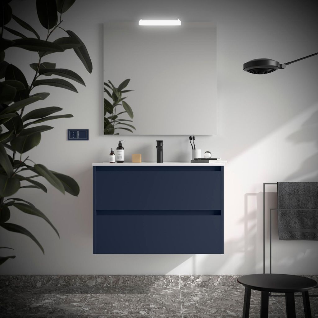 Badezimmermöbel NOJA 800 2 Schubladen BLUE SATIN + Waschtisch + Spiegel