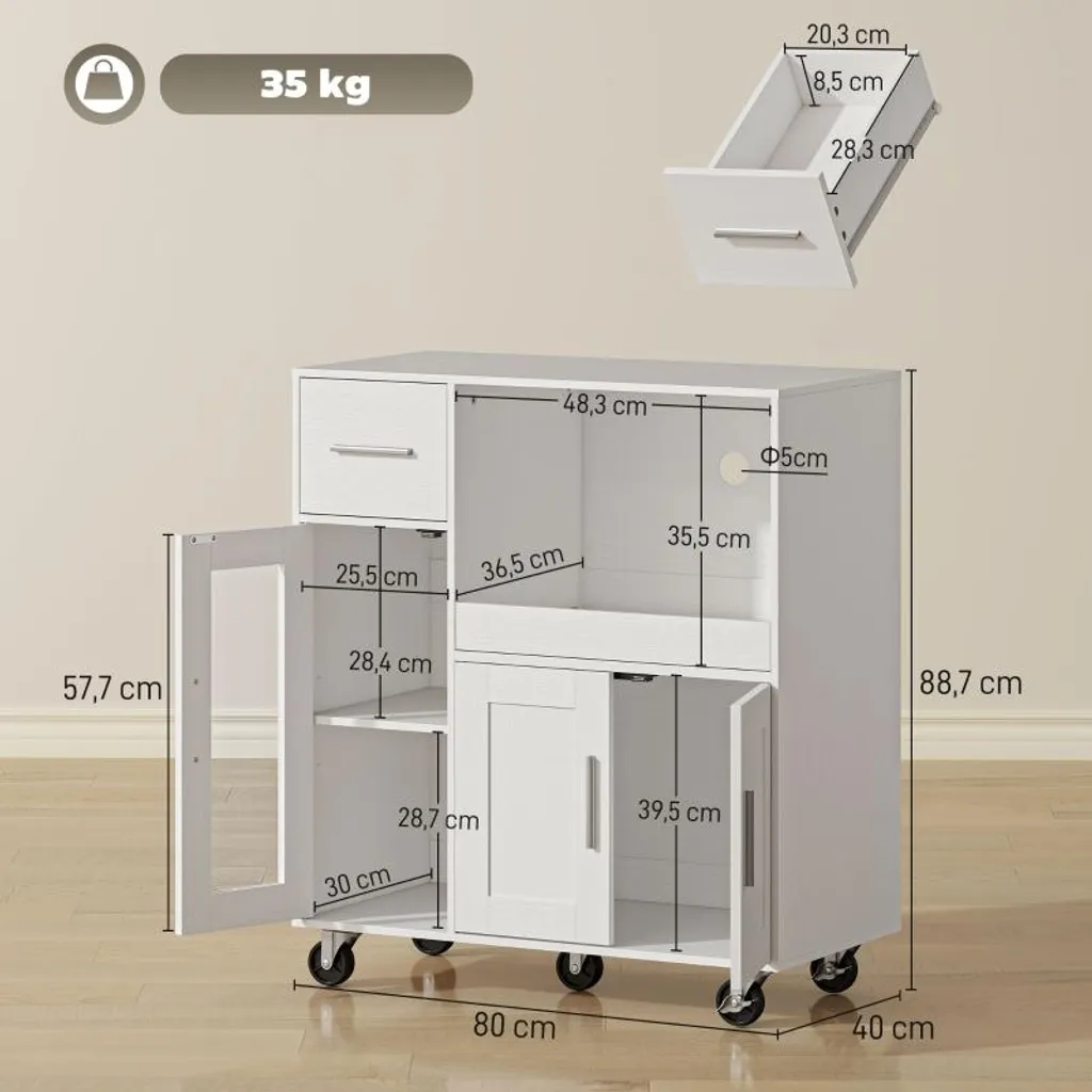 Desserte de cuisine blanche Fortuna Lai, commode mobile multi-rangements - 3