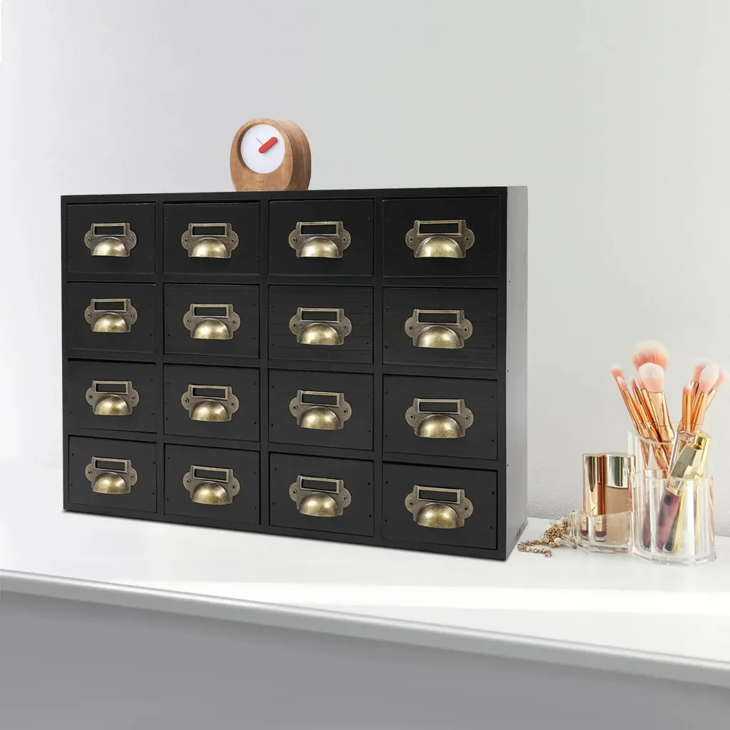 Organiseur en bois noir 16 tiroirs pour bureau et matériel de couture