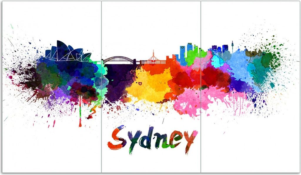 Wallario Herdabdeckplatte aus Glas, Größe 90 x 52 cm 3-teilig, Motiv Städte als Aquarell - Skyline von Sydney