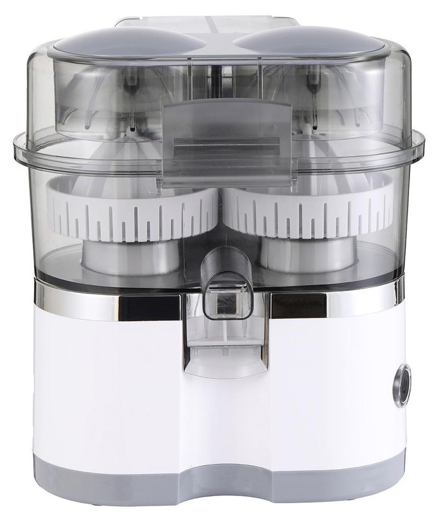 Elektrische Zitruspresse Doppelkopf 150W, Saftpresse mit Integriertem Fruchtschneider, Schnellentsafter für Orange Zitrone Grapefruit, Edelstahl