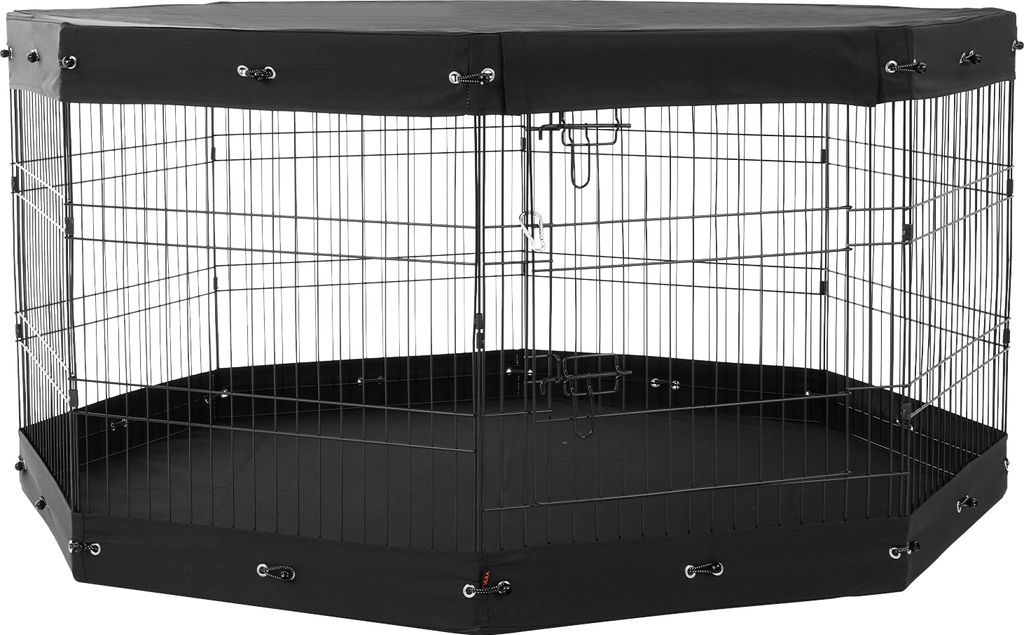 A black hexagonal dog playpen with a cover.